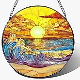 8-Inch Stained Glass Ornament, Stained Glass Window Hanging, Window Hanging Decor Suncatcher, Sunset on The Beach Ornament | Beach Gift, Gifts for Sunset Lovers, Friend, Family & Colleague