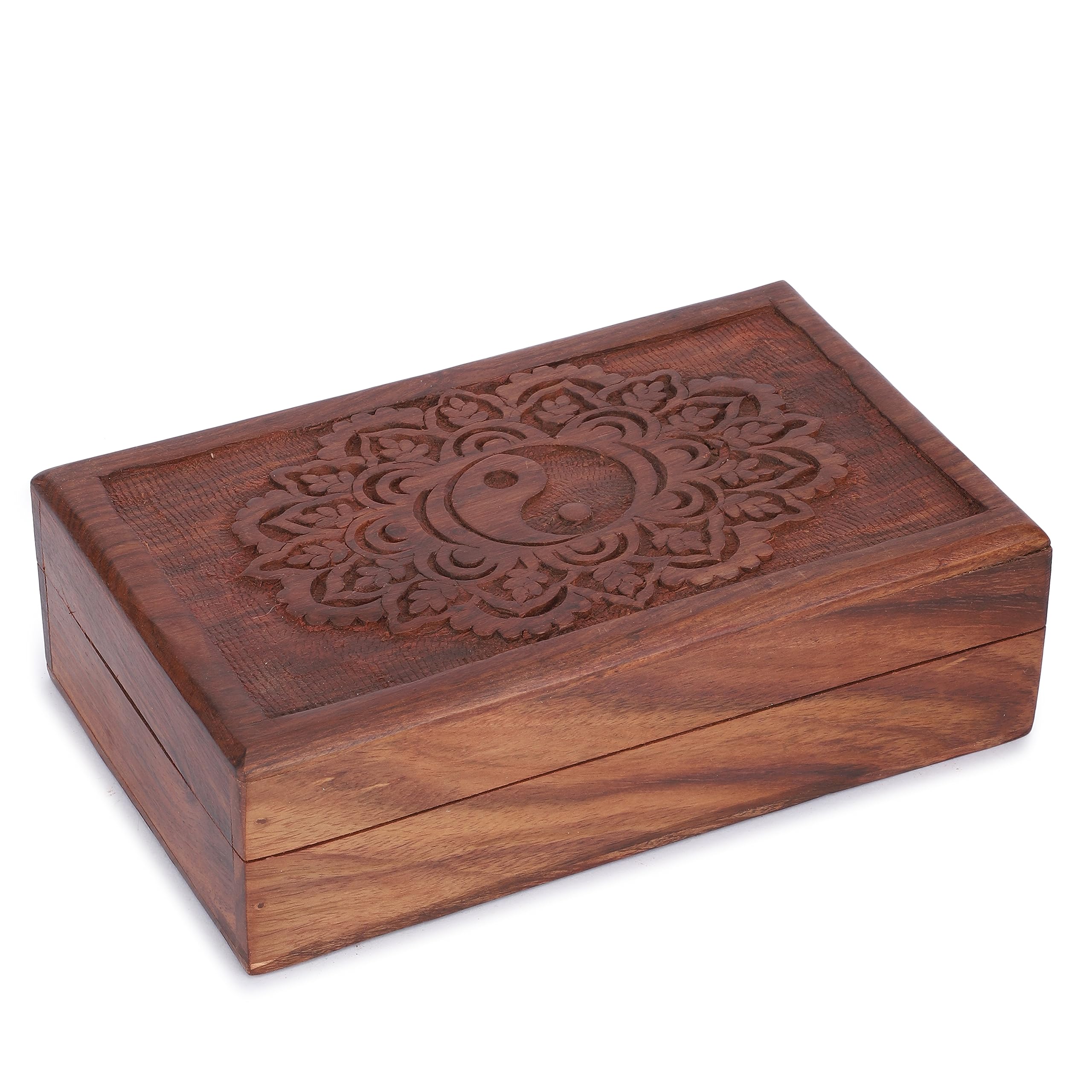 Ajuny Handcrafted Wooden Jewellery Box with Tai Chi Flower Design, Decorative Keepsake Box with Lid, Wooden Trinket Box for Storing Memories and Keepsake, Home Décor Gift 8x5 Inch