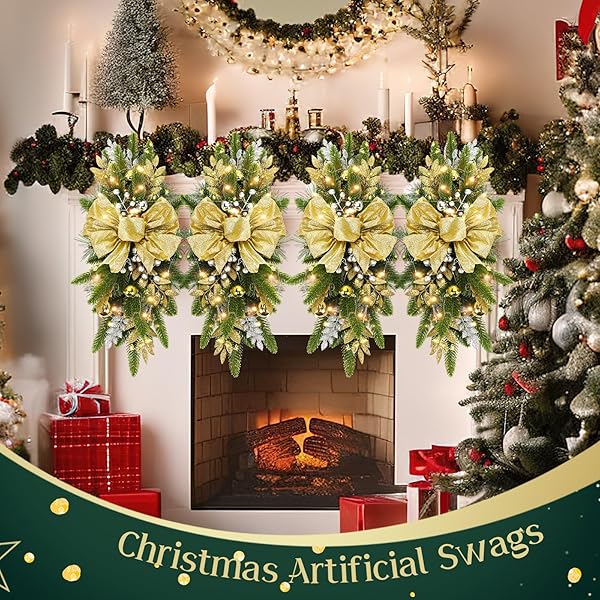 LYROW 8 PCS CHRISTMAS ARTIFICIAL SWAGS 24″ XMAS THE CORDLESS PRELIT STAIRWAY SWAG TEARDROP TRIM WREATH DOOR STAIR SWAG GARLAND CHRISTMAS SWAGS FOR OUTDOOR HOME GARDEN DECOR(GOLD,RETRO)