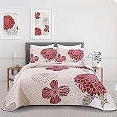 Red Floral Quilt Set King Size - 3 Piece Red Flower Pattern Bedspreads, Reversible Lightweight Microfiber Burgundy Quilts Bedding Set with 2 Pillowcases, All Season Quilted Coverlet Set (104''x90'')