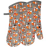 Oven Mitts Gloves 1 Pair Heat Resistant 480 ℉ Non Slip Clear Silicone Printed Fox Comfortable Cotton Lining Kitchen Women Men Cooking Baking Barbecue Machine Washable (Fox, Gray Mittens)