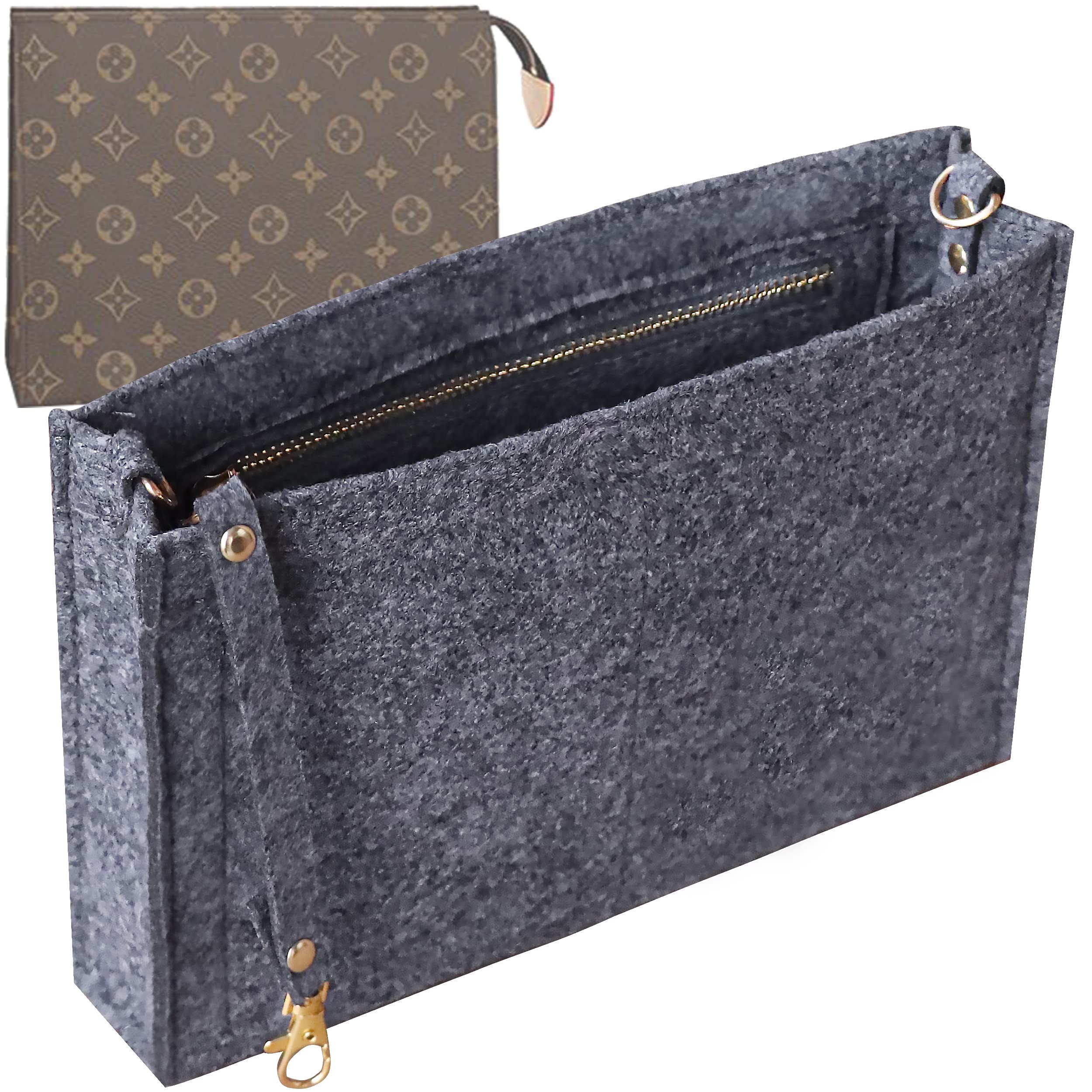 Soyizom Toiletry Pouch 19 26 Bag Organiser Insert for Cosmetics Tidy Organiser,Felt Purse Organiser Insert Ladies Tote Handbag Liner Pocket Organiser with Keychain & Gold Buckle & Zip(Large-26,Grey)