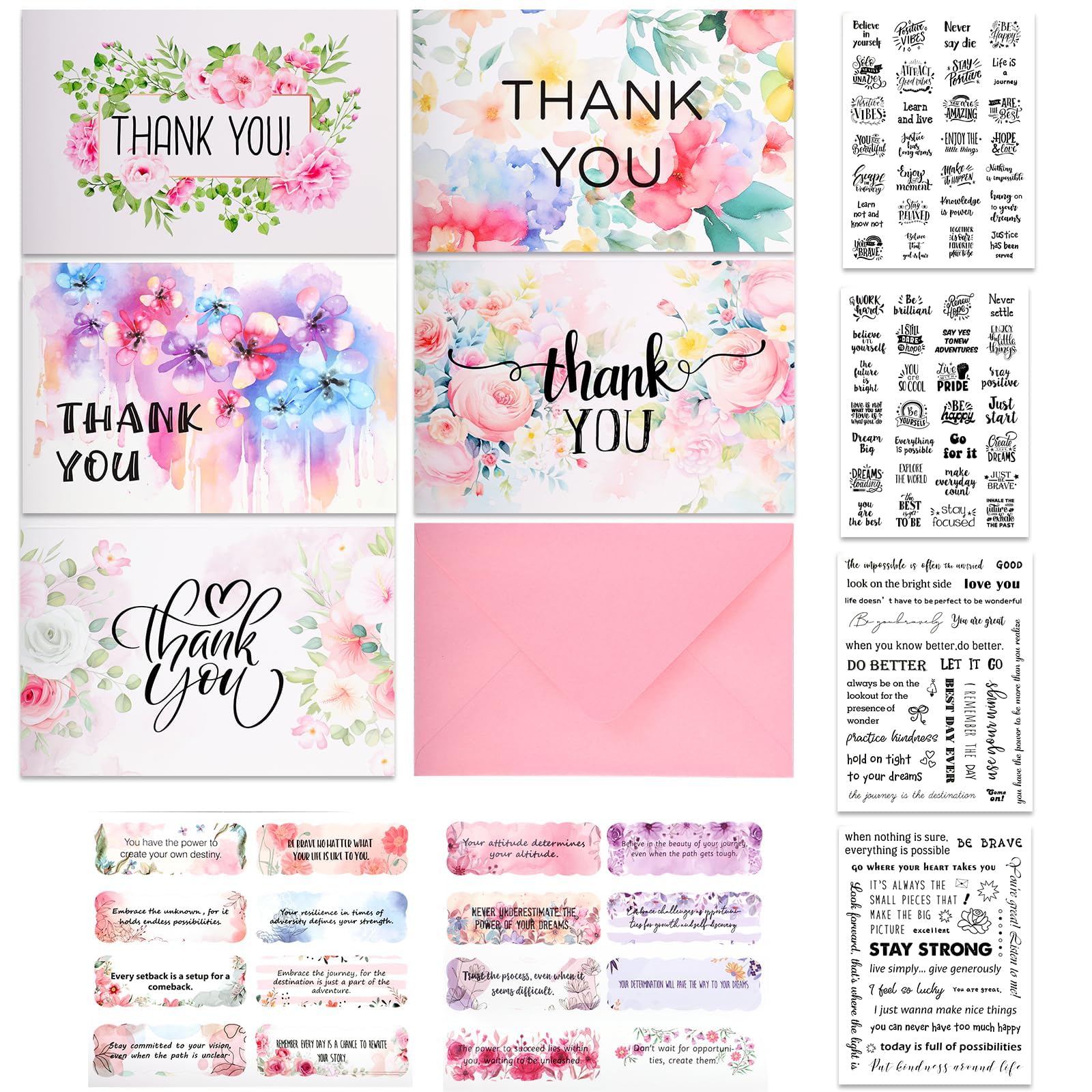 Thank You Cards Multipack Set, 50 PCS Floral Design Thank You Notes with Envelopes and Stickers for Teachers, Wedding, Baby Shower, Party