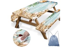 Britown Picnic Table Cover with Bench Covers Elastic Edges, Beach Ocean Fitted Table Cover, Outdoor Patio Camping Essentials 72 Inch 3PCS, Waterproof Camping Fitted Tablecloth with Drawstring Bag