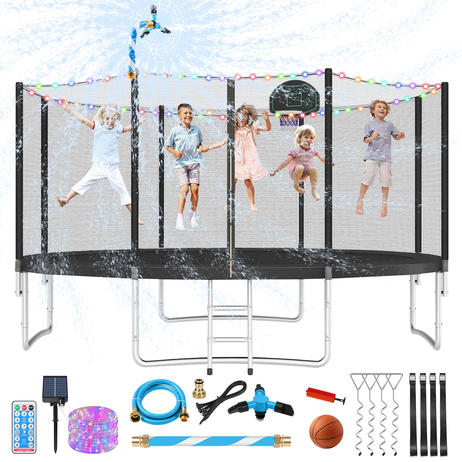Photo 1 of ****SET OF 2 BOXES*****Lyromix Upgraded 14FT Trampoline with Lights, Large Outdoor Trampoline with Sprinkler,Basketball Hoop and Net, Capacity for 5-8 Kids and Adults, Black