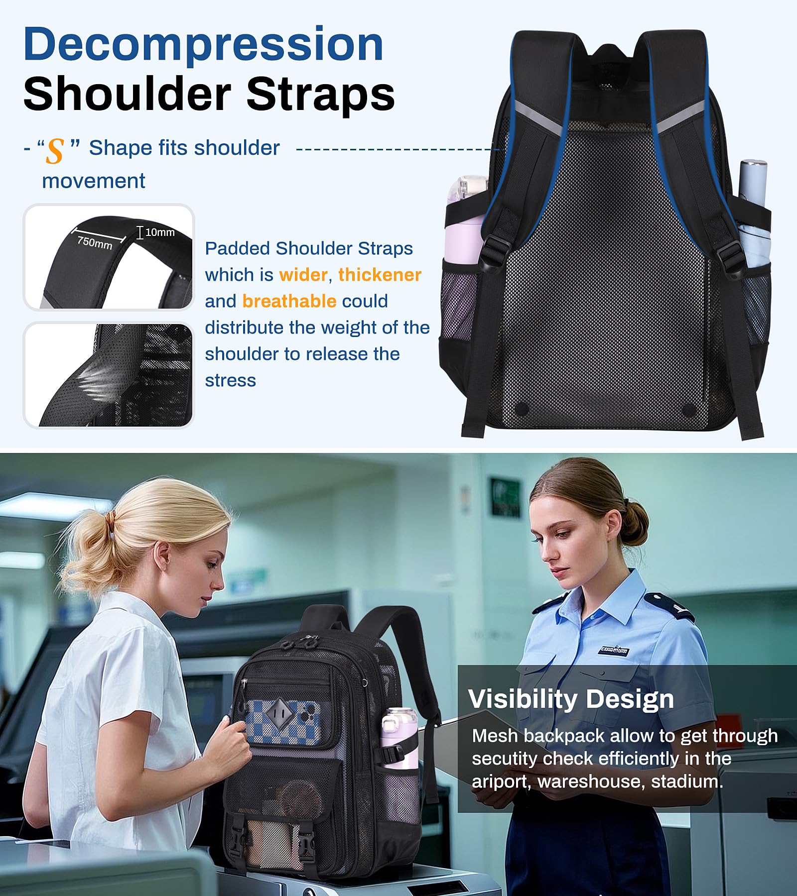 Mesh Backpack, 17in Heavy Duty See Through Backpack Ultra-Lightweight Net Bookbag Breathable Transparent Beach Backpacks for School Sports Gym, Black