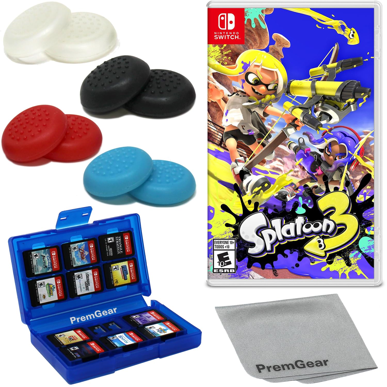 Splatoon 3 for Nintendo Switch (US Version), with PremGear Thumb Grips (8 pack - Black, Blue, Red & Clear), 24 Slot Game Card Holder & Cleaning Cloth