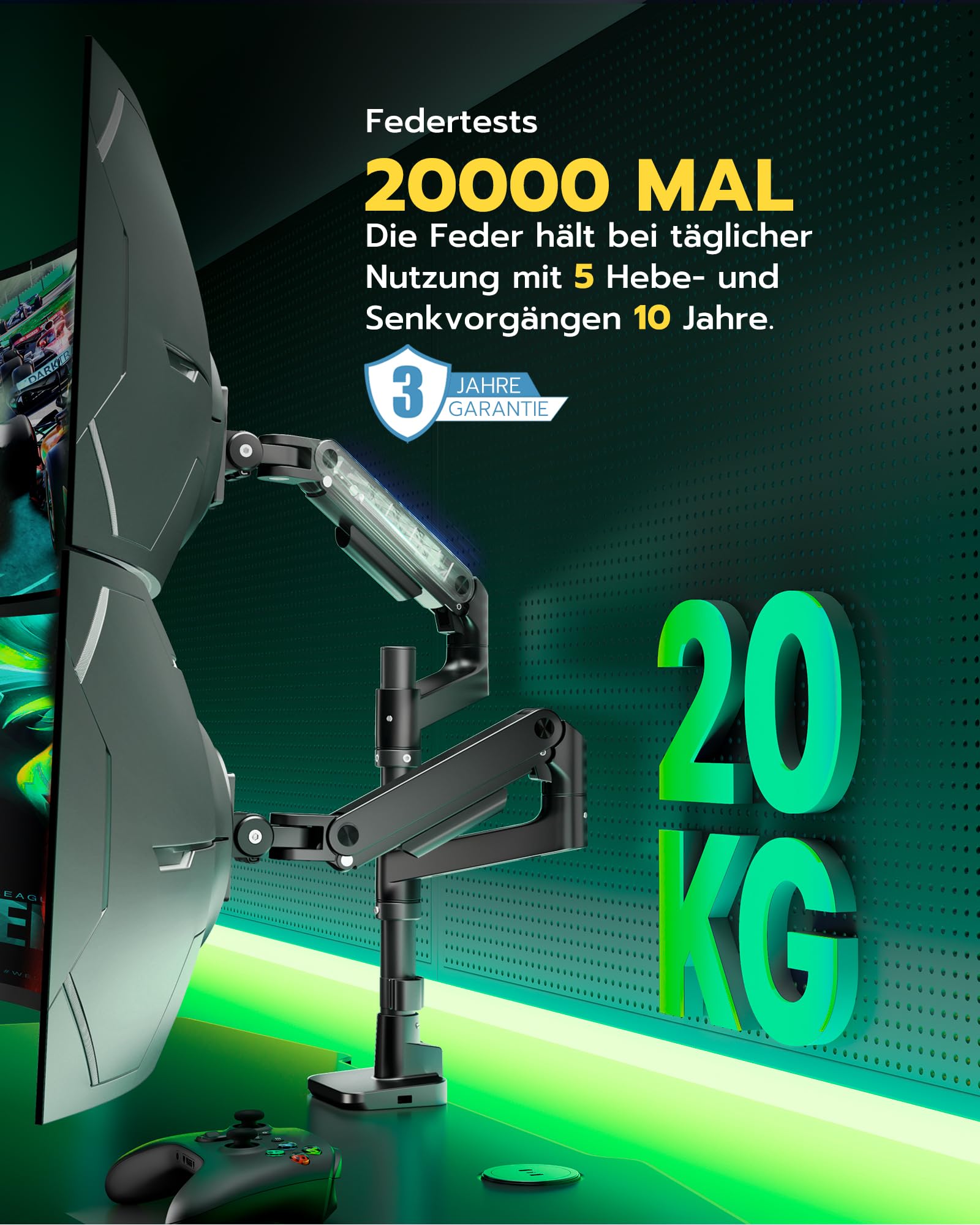 ARES WING Monitorhalterung 2 Monitore übereinander für 17-49 Zoll Flach & Curved Bildschirme, dual Monitor Halterung mit Gasfeder und USB A/C Port, Höhenverstellbar, Gewicht 2-20kg/arm,VESA 75 & 100 8