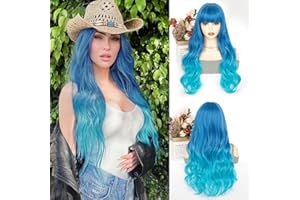 AISI QUEENS Blue Wig with Bangs, 26 Inch Long Blue Wigs for Women, Natural Looking Blue Hair Wig, Middle Part Blue Curly Wavy wig, Heat Resistant Synthetic Wig for Daily Party Use