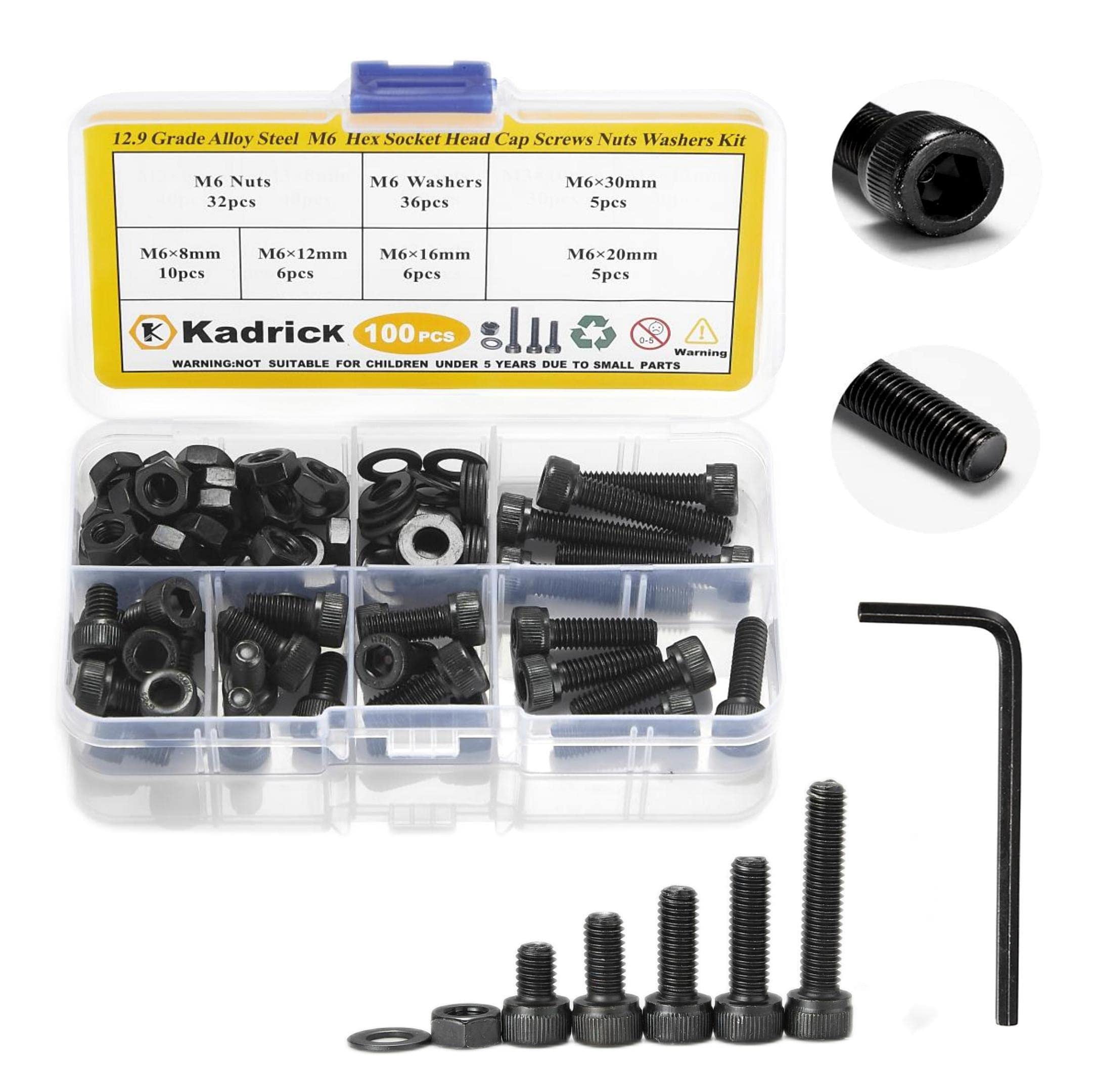 Photo 1 of Kadrick Metric Screws Assortment - 100 Pcs M6 Hex Socket Head Cap Bolts, 8mm/12mm/16mm/20mm/30mm With Nuts and Washers - 12.9 Grade Alloy Steel, Black Zinc Plated, Anti-Rust Upgrade
