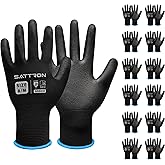 SATTRON Safety Work Gloves PU Coated, 12 Pairs Seamless Knit Gloves with Polyurethane Coating Working Gloves Excellent Grip for Men & Women, Breathable, Ideal for General Duty Work (Black, Medium)