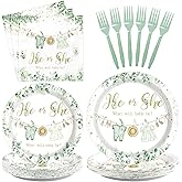 Grencian Gender Reveal Sage Green Decorations - 96Pcs He or She Gender Reveal Party Supplies Sage Green Plates Napkins What Will Baby be Disposable Tableware for Baby Shower Party Decorations Serve 24