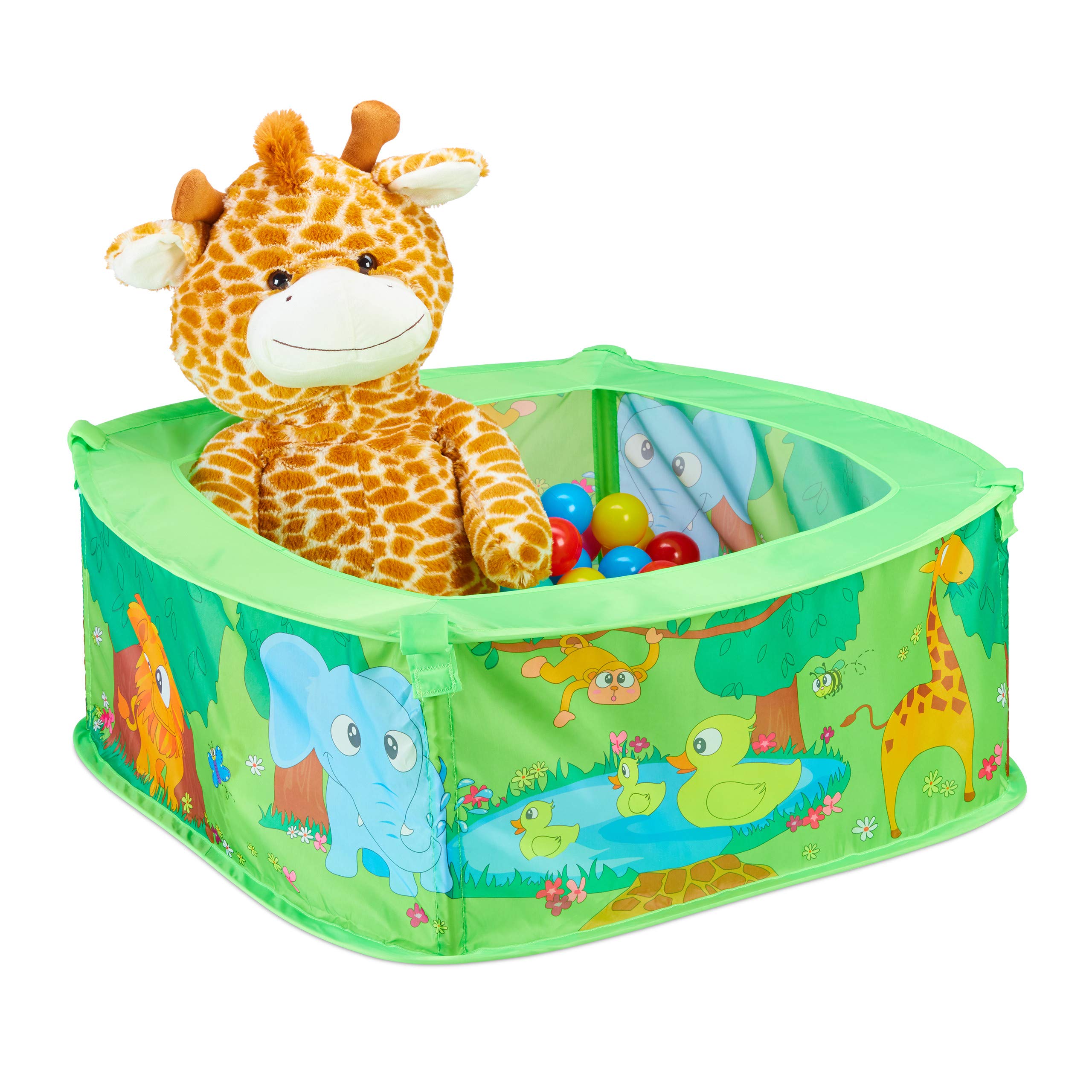Relaxdays Ball Pit Baby, Zoo Play Pen With 50 Balls, Square, Pop-up, HWD 29 x 80 x 80 cm, Ball Pool, Green