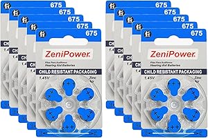 ZeniPower Size 675 Mercury Free 1.45V Hearing Aid Batteries Zinc Air (60 Batteries)