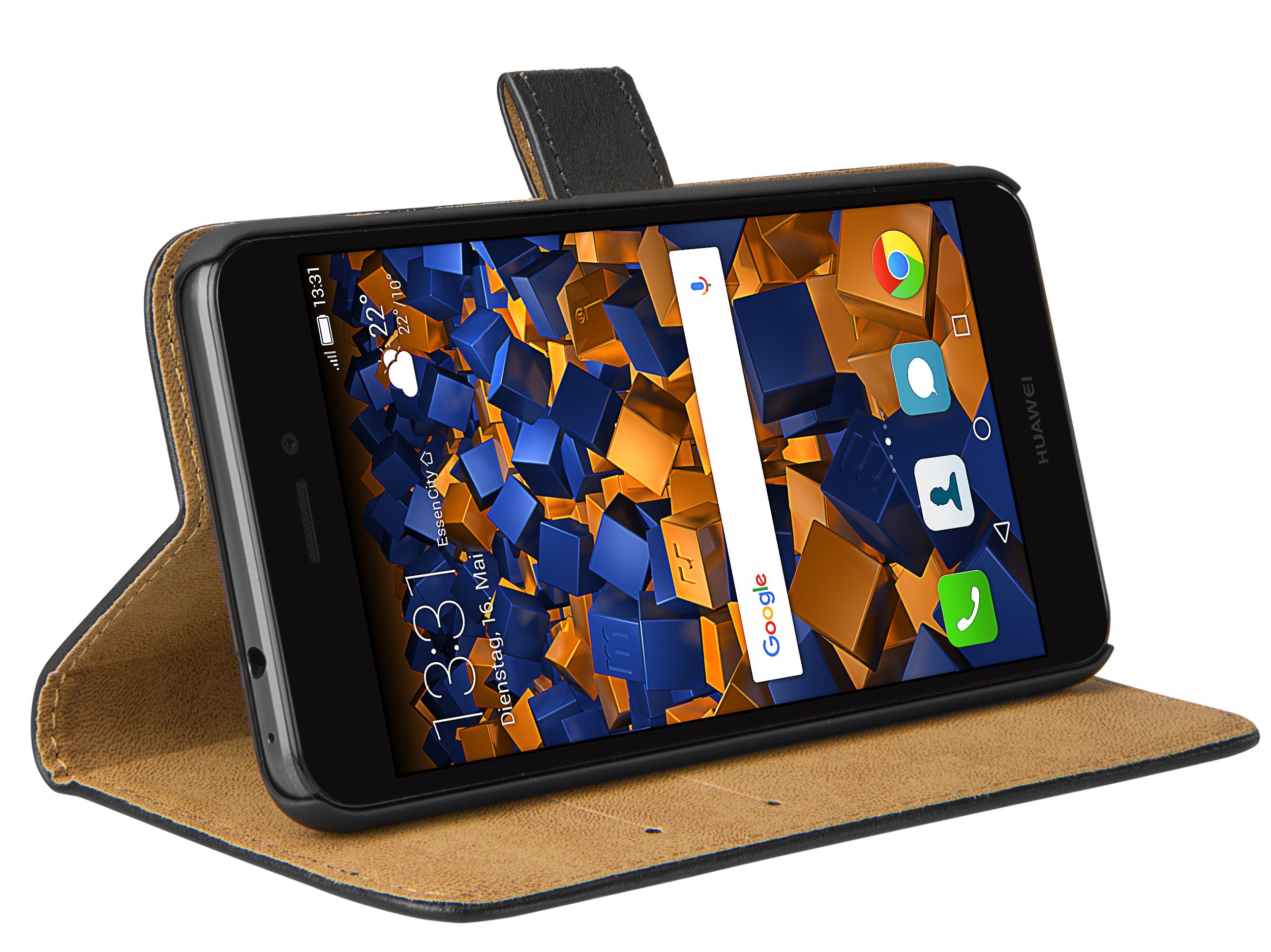 mumbi Genuine leather book-style case compatible with Huawei P8 Lite 2017 case leather case wallet, black