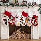 E-FirstFeeling Christmas Stockings 6 Pack,Plush Faux Fur Xmas Stockings with Embroidery Patterns,Fireplace Hanging Stockings Ornaments for Family Holiday Party Decorations,Red White Pink