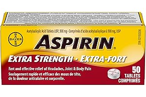 Aspirin Extra Strength, 500mg ASA, Fast and effective relief of Headaches, Joint and Body Pain, Fever, 50 Tablets