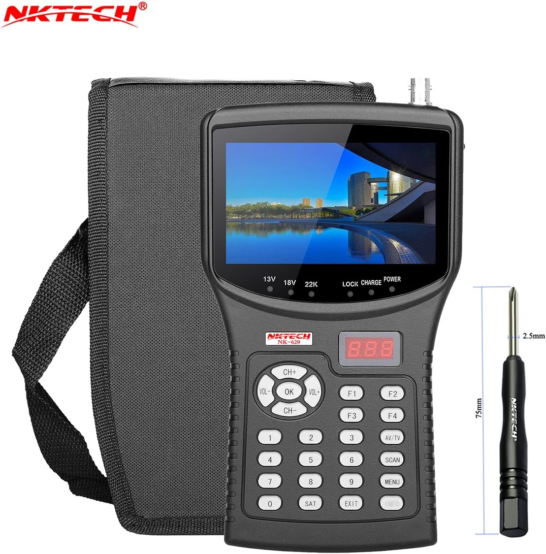 NKTECH HD Digital Satellite TV Signal Finder Meter NK-620 CCTV Camera Tester AHD TVI CVI Analog Cameras Video Test Monitor 4.3" TFT LCD Support DVB-S/S2 MPEG-4 MPEG-2 + 2600mAh Battery