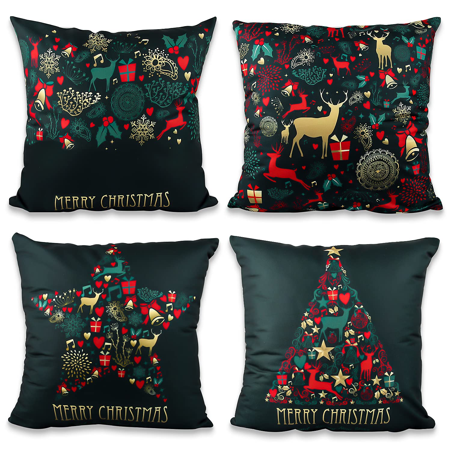 Esportic Christmas Cushion Cover, Pillow Cases, 4PCS Covers, 18*18in Square Xmas Covers with Hidden Zipper, Throw for Sofa Home Bed, Green, 45*45, carré