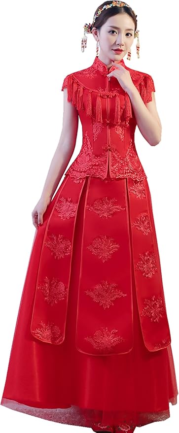 Amazon 上海物語 Shanghai Story 刺繍 フィッシュテール ロング丈 チャイナドレス チャイナ風 ワンピース 中国風 レース 竜鳳柄 チーパオ 女性 中華ドレス レディース 民族衣装 半袖 パーティードレス 通販