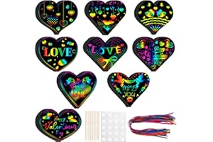Chivertion 45 Pcs Heart Shaped Scratch Cards Valentines Crafts Scratch Paper Heart Ornament with Wooden Stick and Ribbon for Class Valentines DIY Art Activity School Mother's Day for Boys Girls