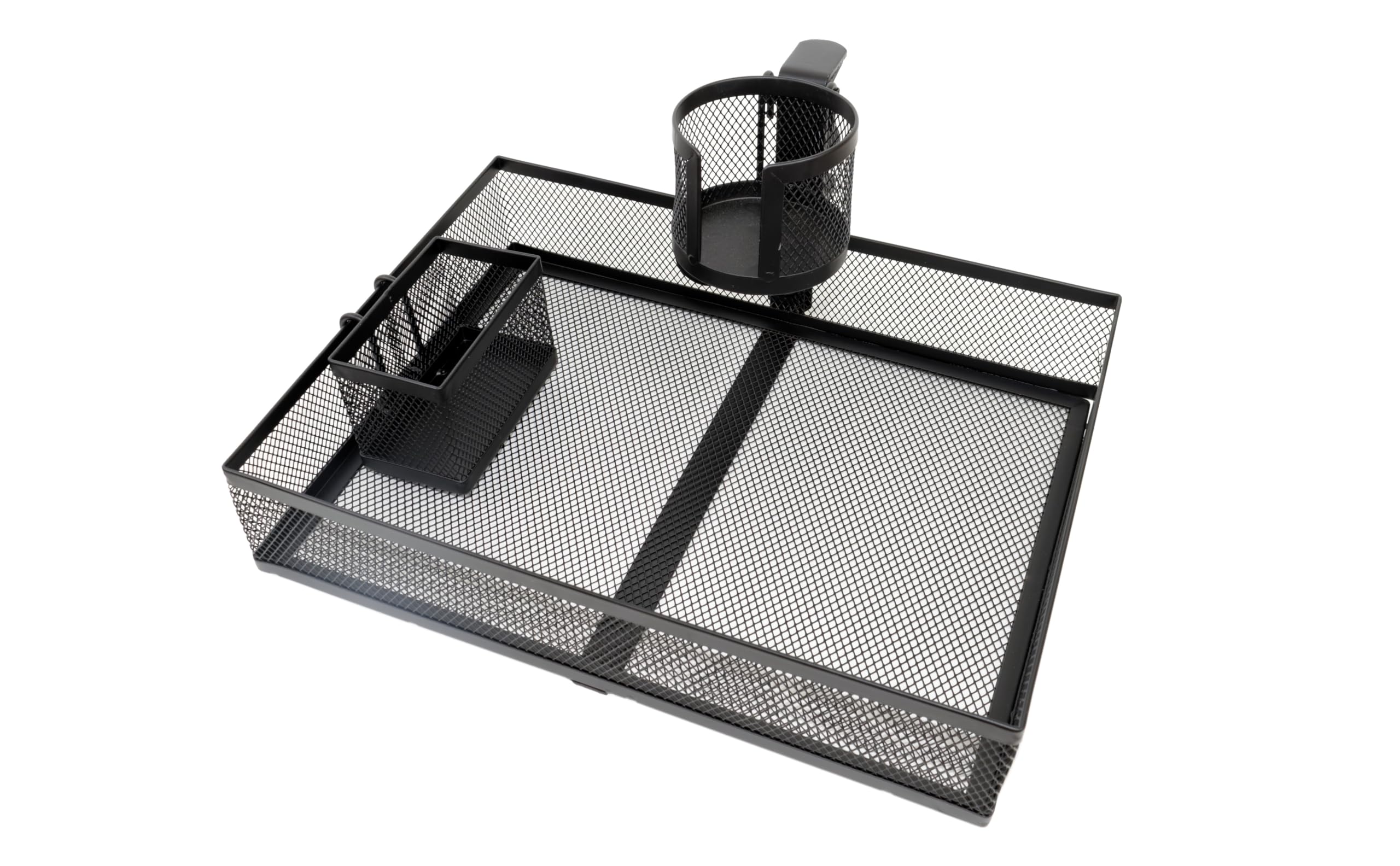 DESKORGA 360° Rotating Desk Organizer - Solid Metal Mesh Storage (34 x 25 x 7cm) - Phone Holder, Cup, Cables - Ideal for Teleworking, Gaming, Students