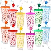 Jingmore 12 Sets Dog Paw Party Plastic Cups with Straw and Lid Straw Stoppers 24 oz Plastic Tumblers Cute Print Puppy Drinking Cup Bulk for Vet Tech Appreciation Gift Birthday Puppy Theme Party Favors