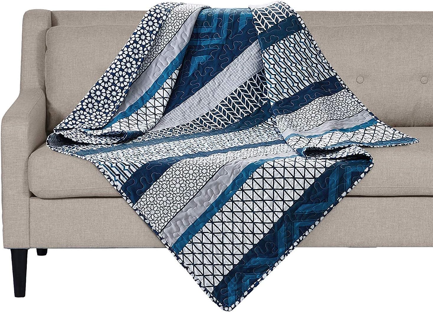 SLPR Dreamcatcher 50" x 60" Modern Throw: Blue Quilt with Stripes, Cottage Lap Quilt for Men, Quilted Throw Blanket Comforter, Lightweight Blanket/Quilt for Summer, Reversible Coverlet for Couch