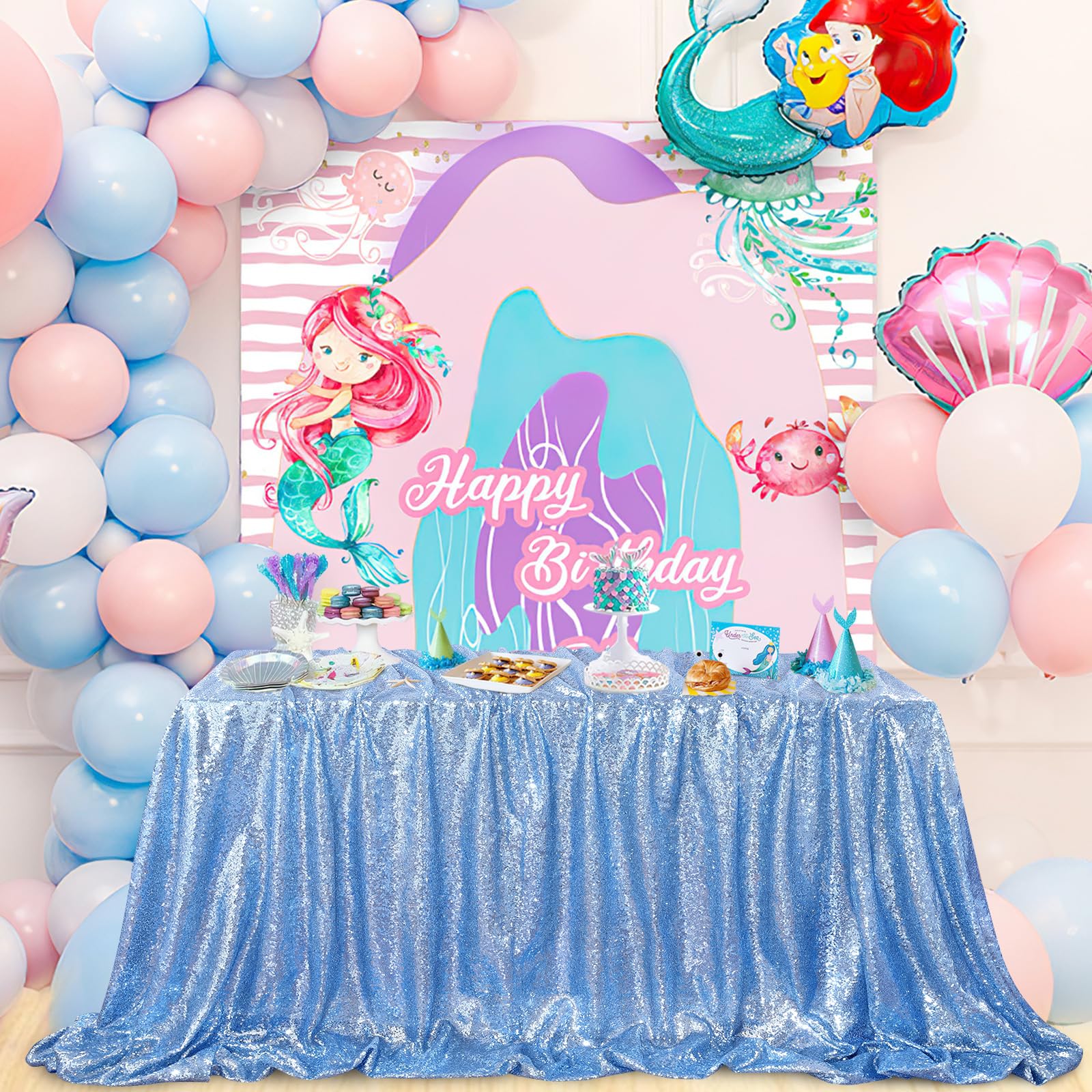 QueenDream Baby Blue Party Tablecloth Decoration: Rectangle Shimmer Mermaid Tablecloth 90x90 Inch Sequin Cloth Frozen Birthday Decorations Image QueenDream Baby Blue Party Tablecloth Decoration: Rectangle Shimmer Mermaid Tablecloth 90x90 Inch Sequin Cloth Frozen Birthday Decorations Image