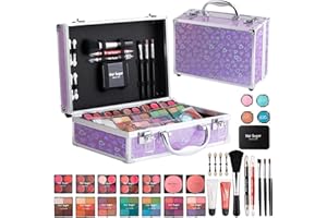 Hot Sugar Makeup Kit for Teenager Girls - Full Starter Cosmetics Set with Eye Shadow Lip Balm Blush Lip Gloss Brush Lip Pencil Eye Pencil and Mirror (Purple Love)