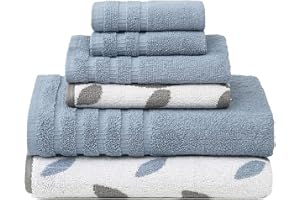 Modern Threads Organic Vines 6-Piece 100% Cotton Towel Set – Yarn Dyed Jacquard & Solid – Includes 2 Bath Towels, 2 Hand Towels, 2 Washcloths – Absorbent, Quick Dry, Soft & Durable – Blue