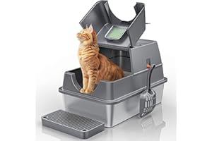 Aoktech Stainless Steel Litter Box with Lid Large Enclosed High Sided Covered Metal Steel Cat Litter Box with Steps Scoop, Easy Cleaning, Odor Control, Front Entry Top Exit
