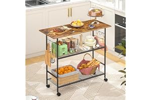 THREEHIO Kitchen Island with 3 Shelves, Rolling Kitchen Cart with 6 Hooks and Protective Shelf, Microwave Stand on Lockable Wheels, Bakers Rack Coffee Bar for Dining, Living Room, Outdoor, Metal Frame