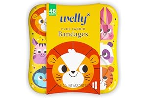 Welly Bandages | Adhesive Flexible Fabric Bravery Badges | Assorted Shapes for Minor Cuts, Scrapes, and Wounds | Colorful and Fun First Aid Tin | Zoo Animals Patterns - 48 Count