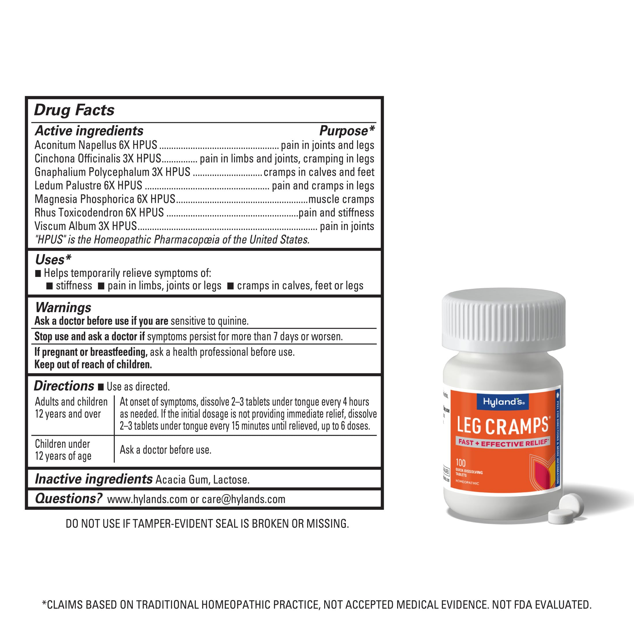 Hyland's Leg Cramps, Relief of Leg, Calf, Charley Horses, and Foot Cramps, 100 Quick-Dissolving Tablets