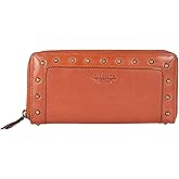 VILENCA HOLLAND Vintage Genuine Italian Leather Boho Studded Wallet – Zipper Coin Purse & Credit Card Holder for Women (Cognac)