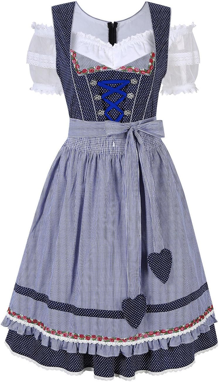 Kojooin Trachten Damen Dirndl Set Midi Trachtenkleid Kurzarm