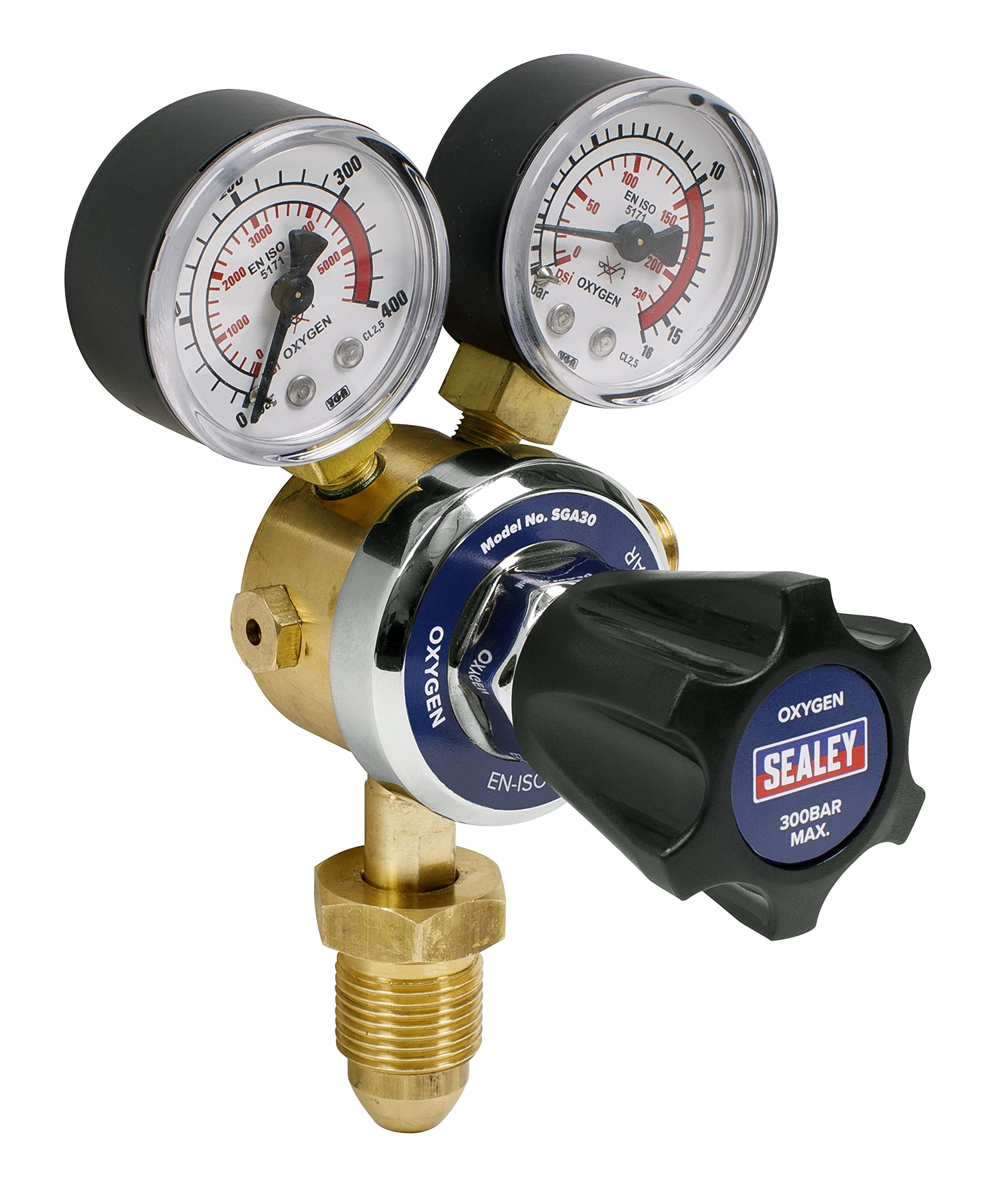 Sealey Oxygen Regulator, Bull Nose Adaptor and 3/8"BSP Hose Union - SGA30