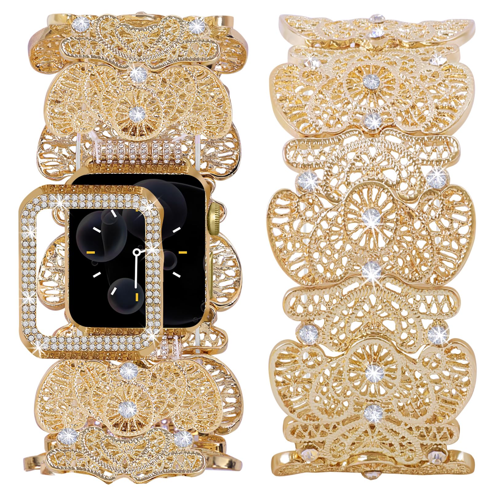 Photo 1 of VIQIV Compatible with Apple Watch Bands for Women 38/40/41/42/44/45/46/49mm with Bling Case, Unique Mesh Metal Wide Stylish Dressy Wristband for iWatch Ultra 2 Series SE/10/9/8/7/6/5/4/3