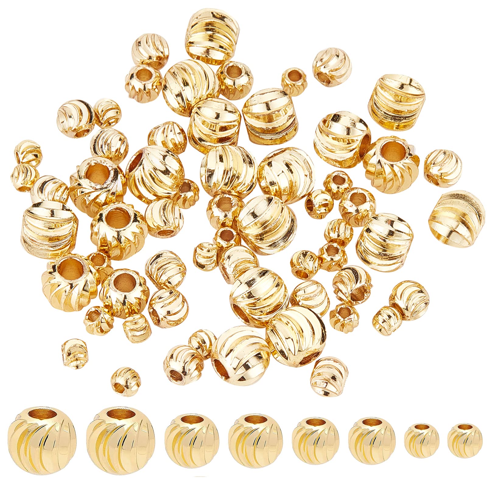 BENECREAT 80pcs 18K Gold Corrugated Round Spacer Gold Plated Brass Beads with 4 Mixed Size(1-2mm Hole) for Valentine's Day, Necklaces, Bracelets and Jewelry Making