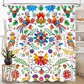 TKUYO Mexican Floral Shower Curtain for Bathroom, Cinco De Mayo Dia De Los Muertos Colorful Fiesta Flower Birds Boho Aesthetic Hippie Waterproof Fabric for Shower Curtain Set with Hooks, 72