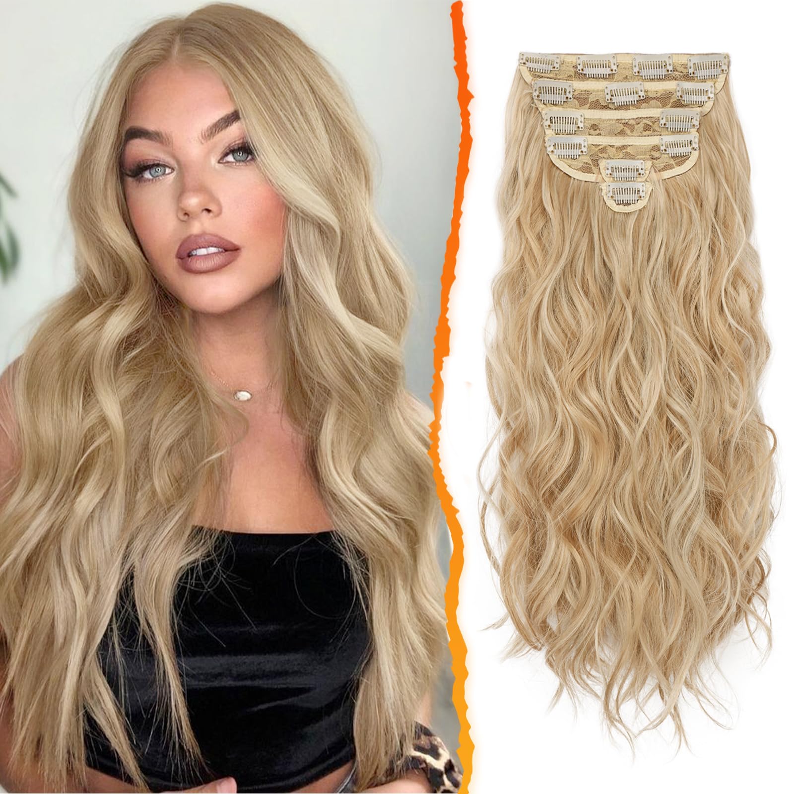 BARSDAR Clip in Hair Extensions, 20 Inch Long Wavy Blonde - 6PCs Full Head Thick Soft Synthetic Clip in Hairpieces For Women Girls Daily Party - Honey Blonde Mix
