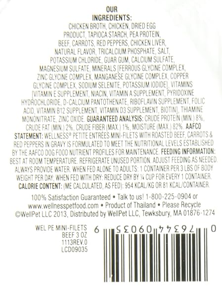 WELLNESS PETITE ENTREES MINI FILLETS GRAIN FREE ROASTED BEEF NATURAL WET DOG FOOD, 3-OUNCE CUP