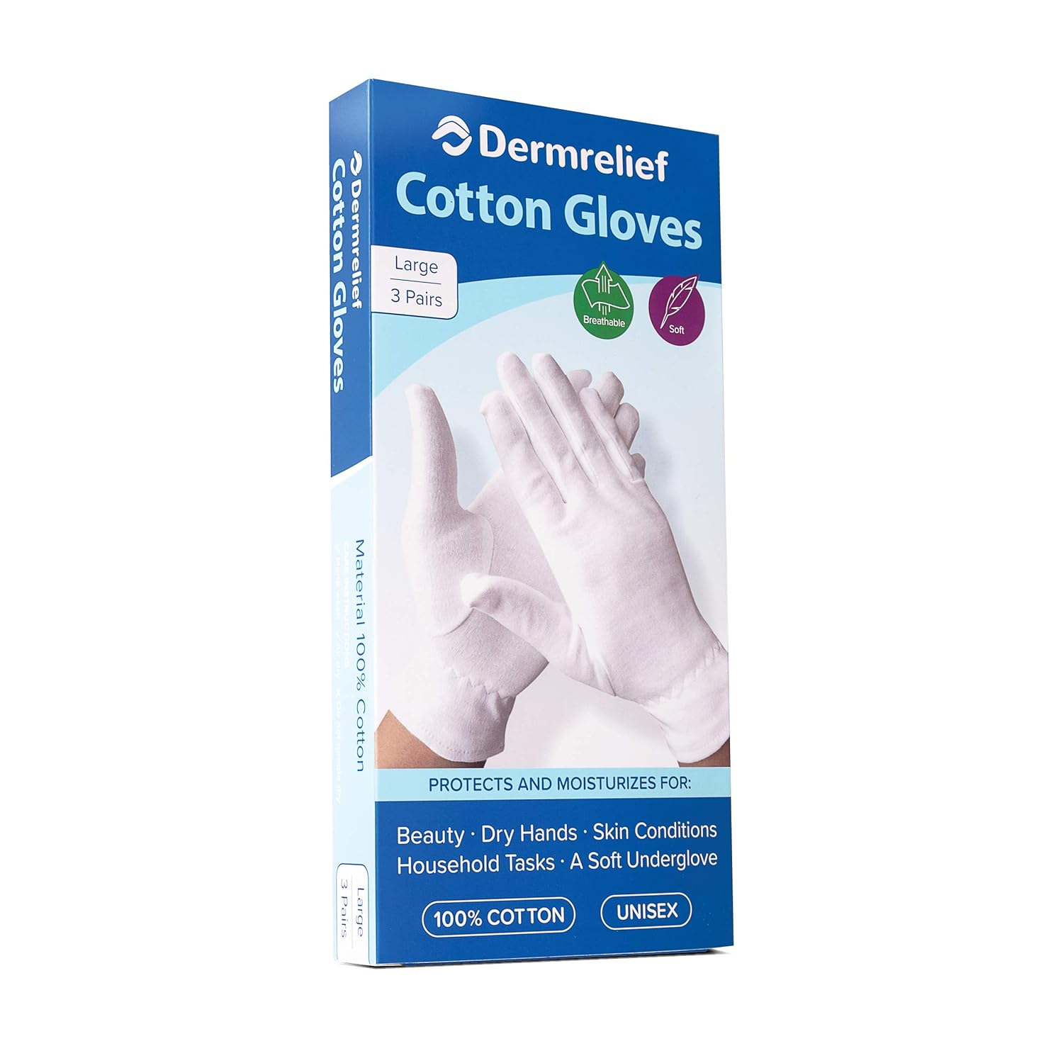 Dermrelief Cotton Gloves - for Beauty, Dry Hands, Eczema, Dermatitis and Psoriasis (Large, 3 Pairs) : Beauty