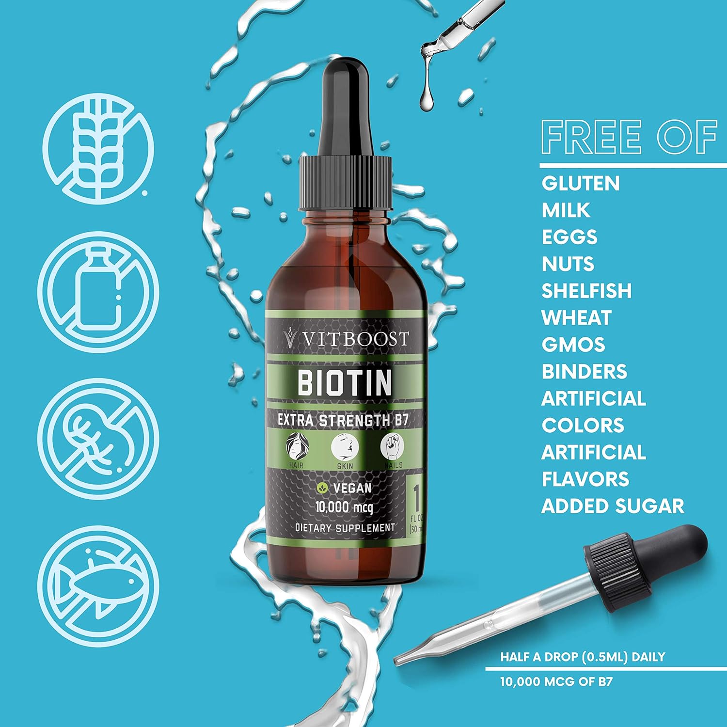 Extra Strength 10,000mcg Biotin Liquid Drops with Organic Berry Flavor | 60 Servings | Vegan Formula Supports Hair Growth, Strong Nails, Healthy Skin | NO Artificial Preservatives: Health & Personal Care