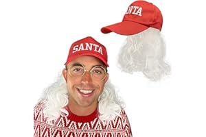 Watt's Wigs - Red Santa Hat with Curly White Wig - Funny Santa Mullet Embroidered Baseball Cap with Long White Hair Sewn In - One Size Fits All