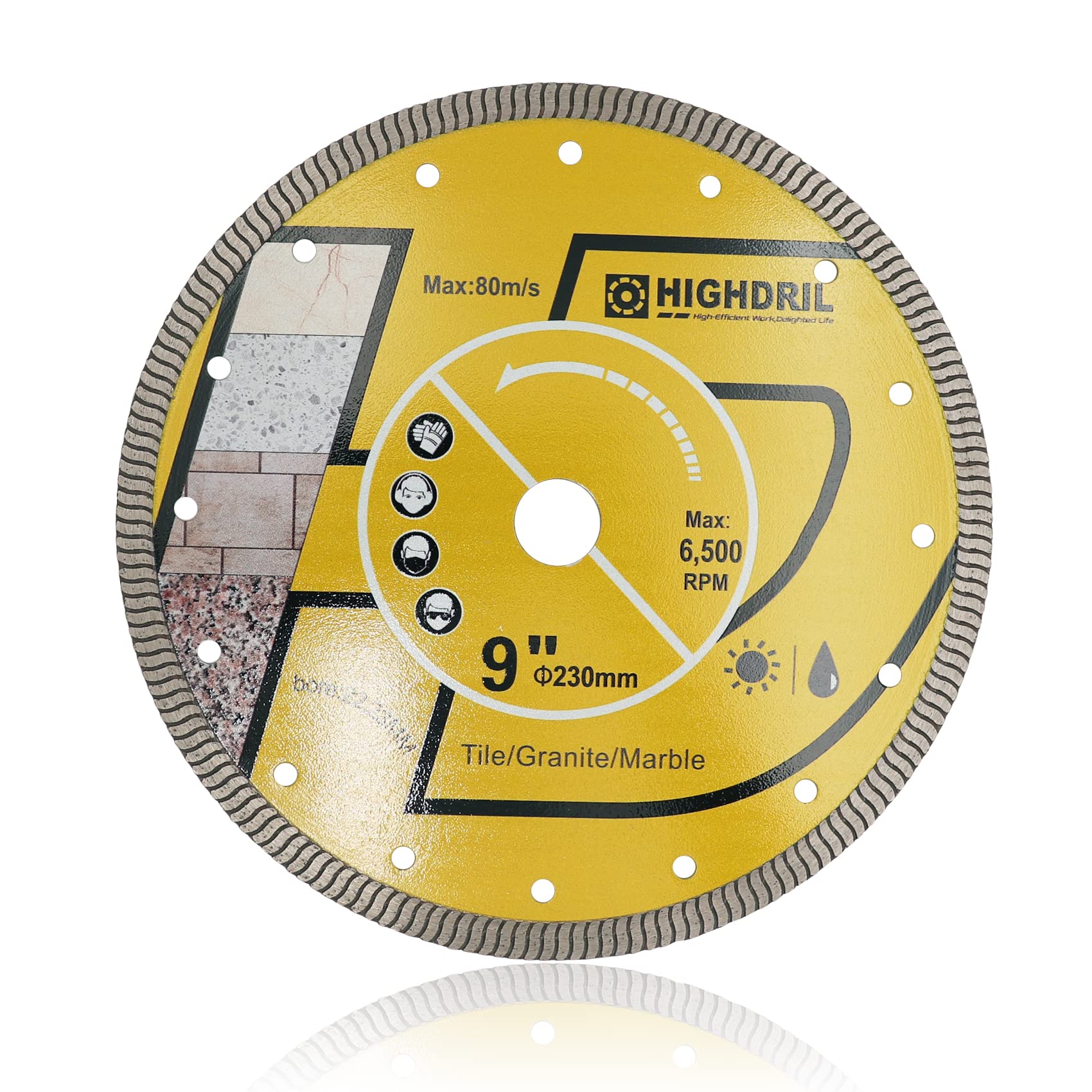 HIGHDRIL Diamond Saw Blade - 230MM Diamond Tile Blade with 22.23MM Arbor, Dry or Wet Cutting Disc for Porcelain Tile Ceramic Granite Marble Hard Material Masonry