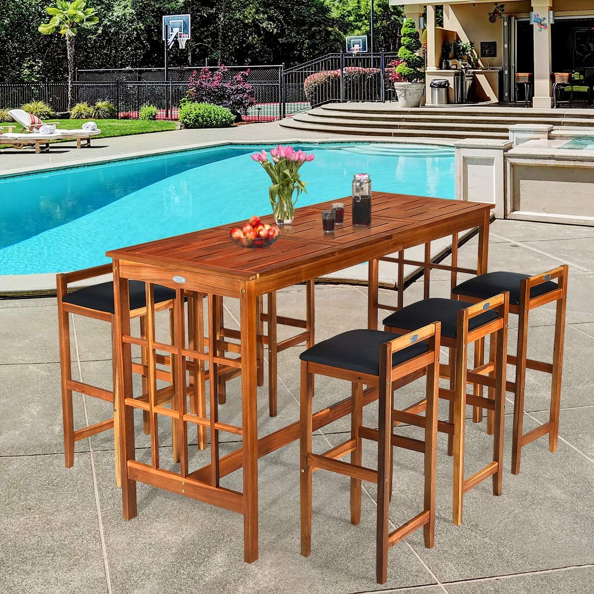 Tangkula 7 Pcs Patio Bar Set Garden Backyard Poolside Space Saving Conversation Set With Cushioned Seating For Patio Wood Outdoor Wooden Dining Table Set With 6 Stools Dining Sets