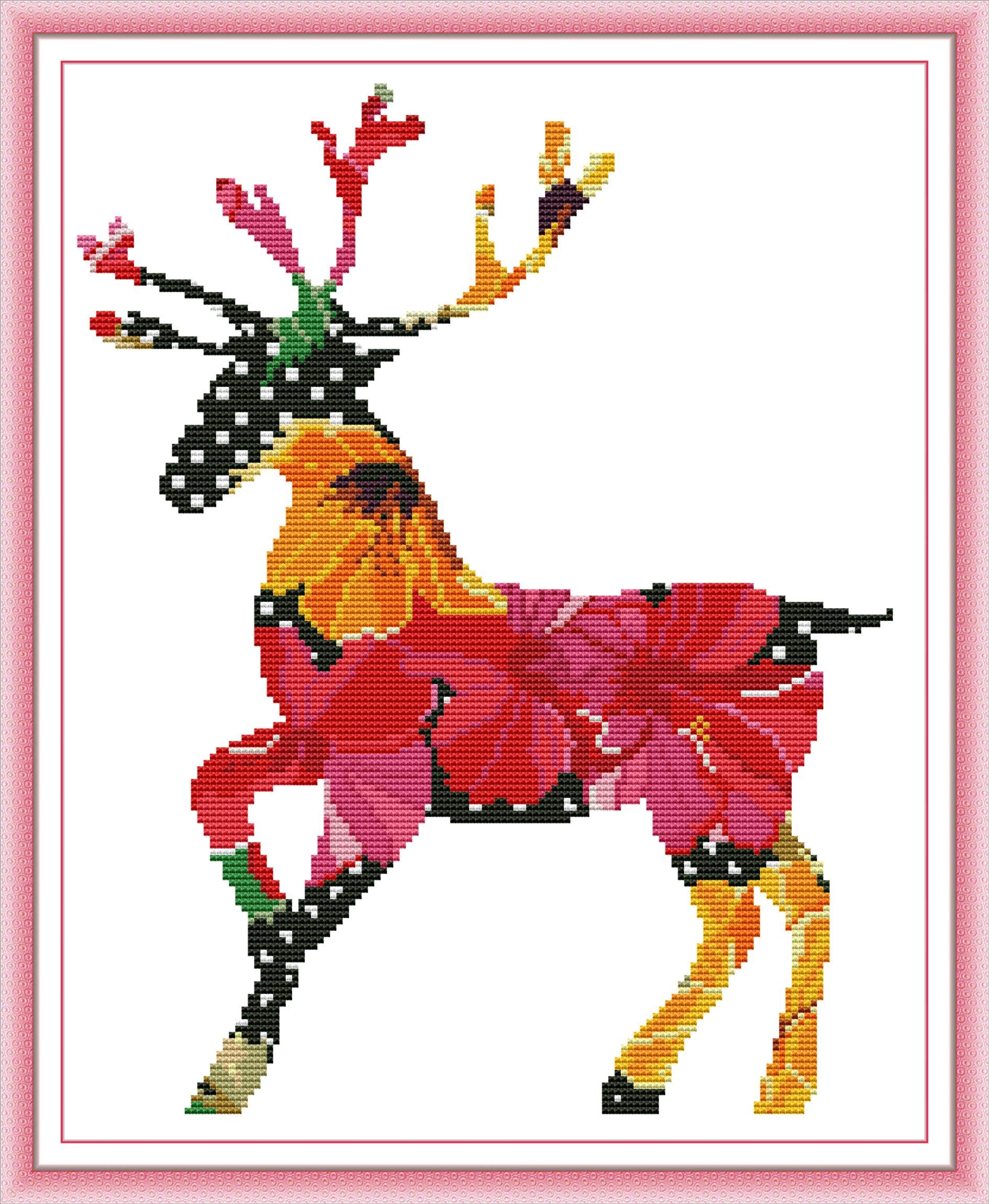 OWN4B Cross Stitch Kits Stamped, Color Deer Printed Pattern 11CT 16.1x18.9 inch DIY Embroidery Kit