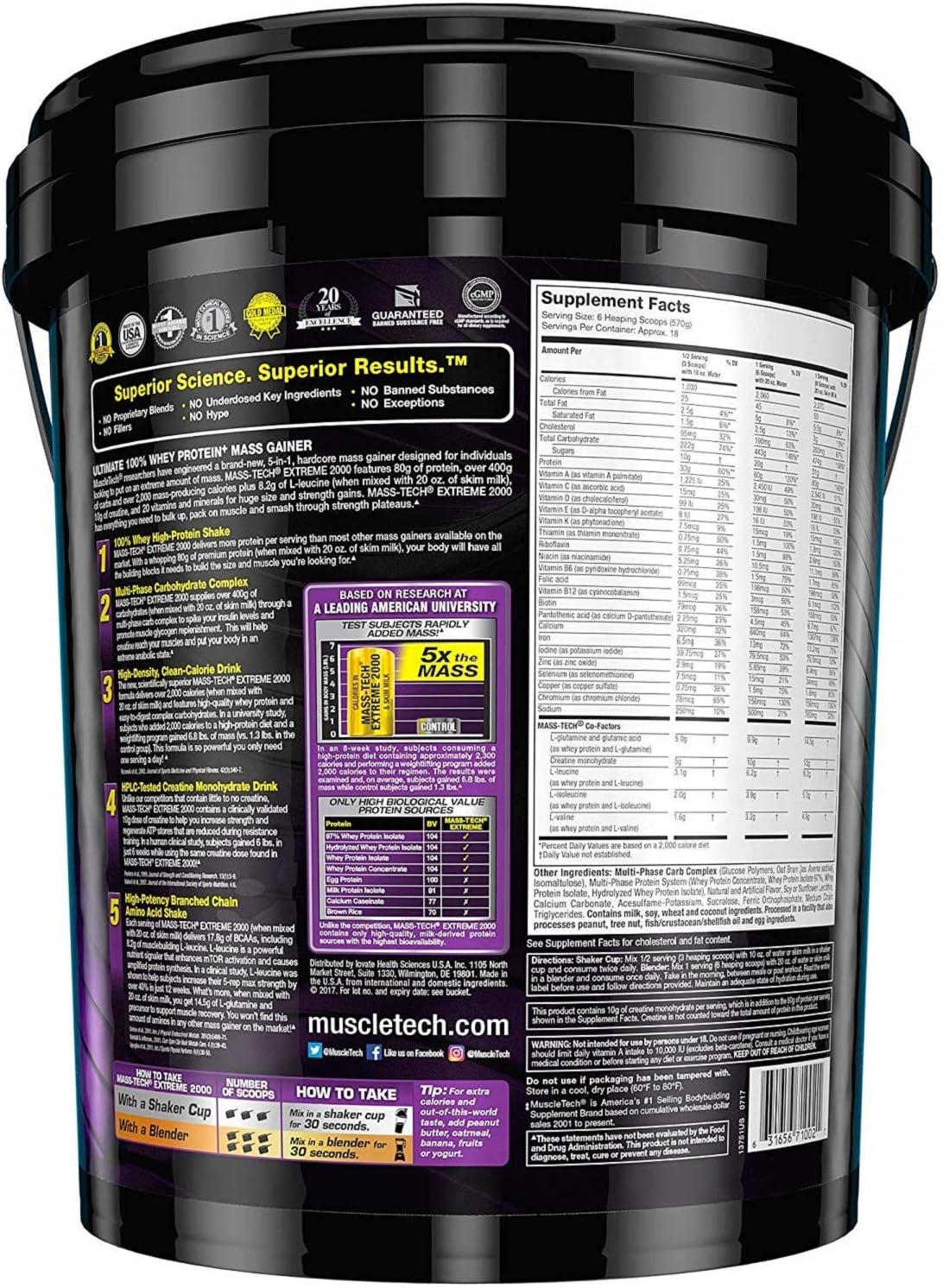 MuscleTech Mass-Tech Extreme 2000 Whey Protein Powder | Max-Protein Mass Gainer + Creatine Monohydrate for Muscle Size & Strength | 80g Protein, 10g Creatine, 17.8g BCAAs | Triple Chocolate, 22 Pounds: Health & Personal Care